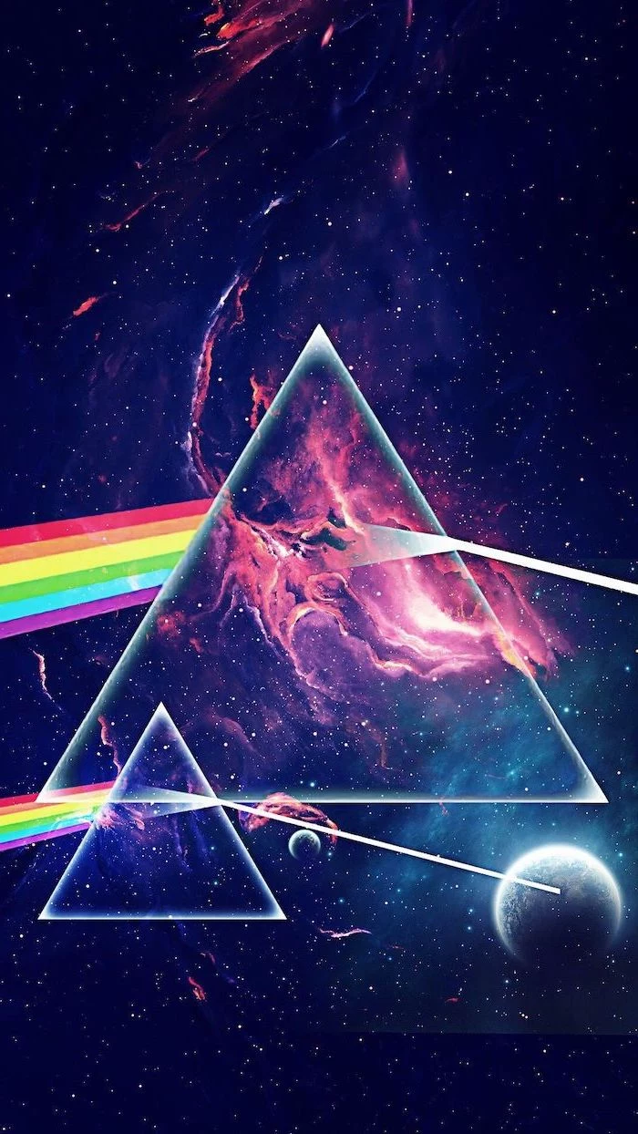 two triangles and rainbows in the middle, space desktop backgrounds, dark aesthetic galaxy in black and pink