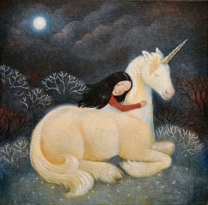 painting of a girl with black hear, wearing red sweater, hugging a white unicorn, how to draw a unicorn with wings