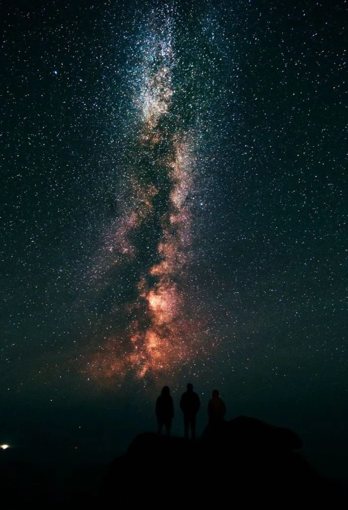 three friends standing on top of a hill, space desktop backgrounds, sky filled with stars above them, cool space wallpaper