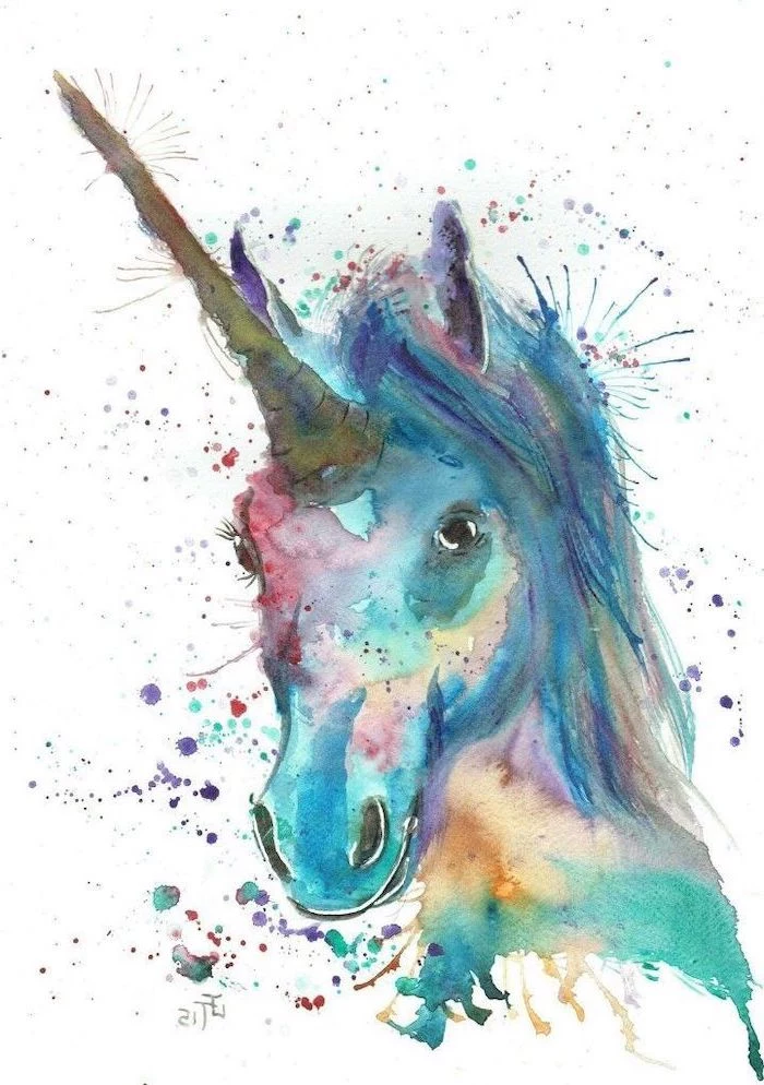 simple unicorn drawing, watercolor painting of a unicorn with long horn, painted on white background