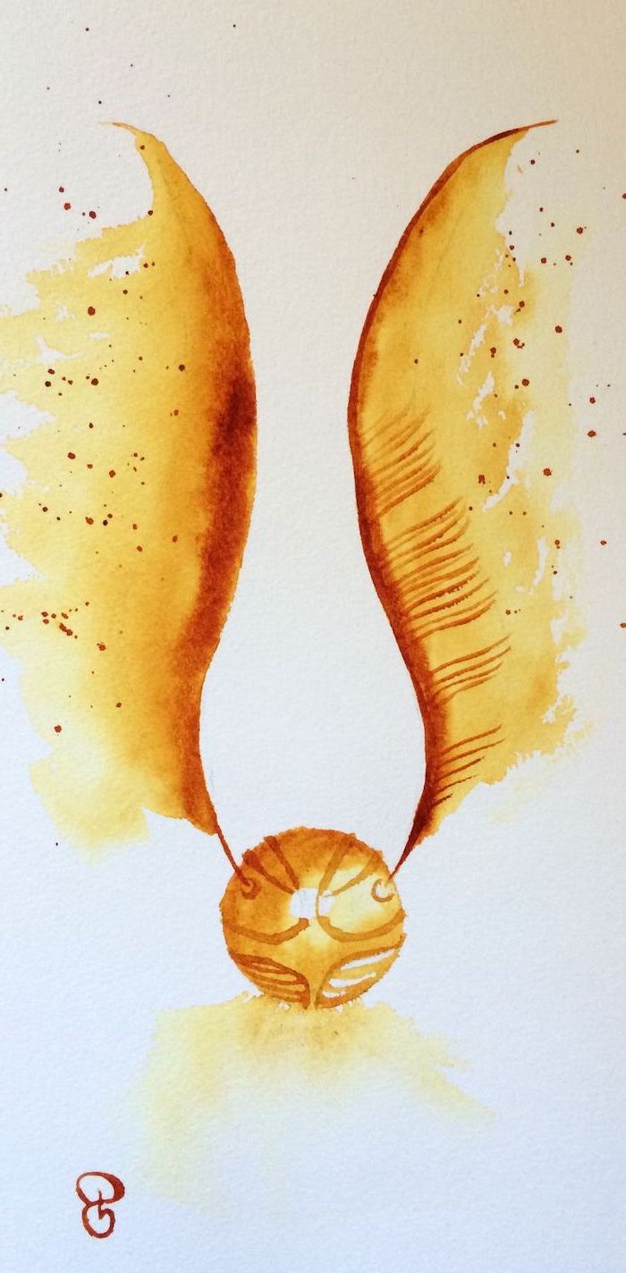 watercolor painting of a golden snitch, marauders map, white background