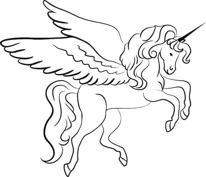 black and white pencil sketch of unicorn with wings, simple unicorn drawing, drawn on white background