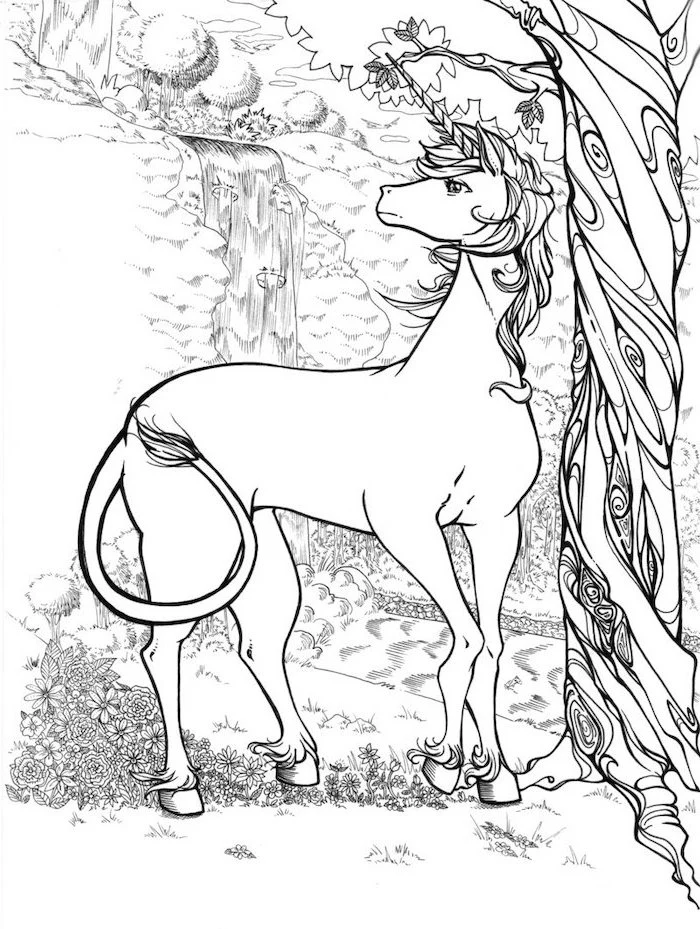 black and white pencil sketch, unicorn standing next to a tree, simple unicorn drawing, white background