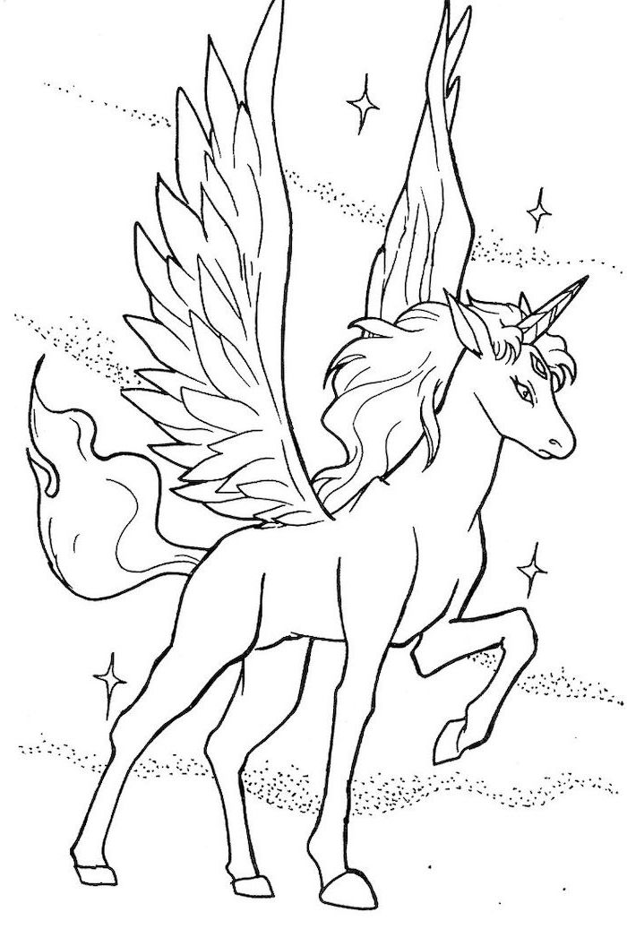 black and white pencil sketch of unicorn with wings, simple unicorn drawing, drawn on white background