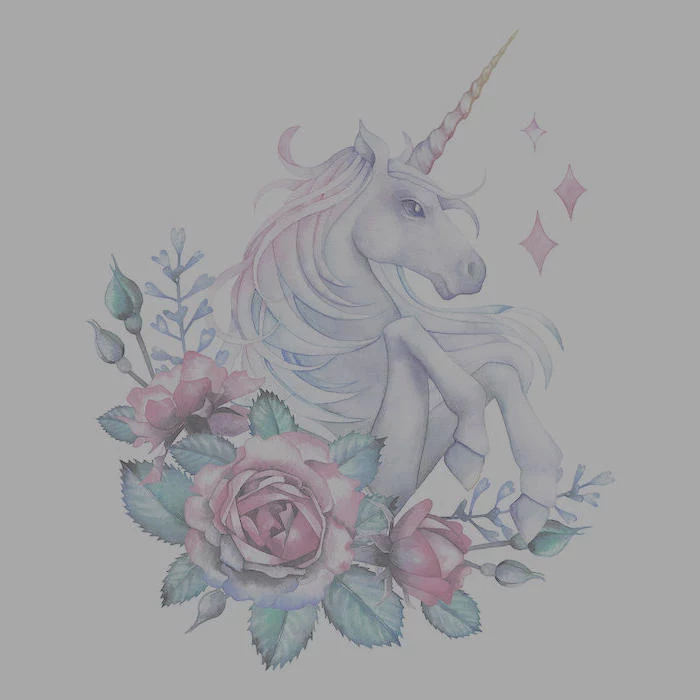 pencil drawing of unicorn, surrounded by red roses, drawn on white background, simple unicorn drawing