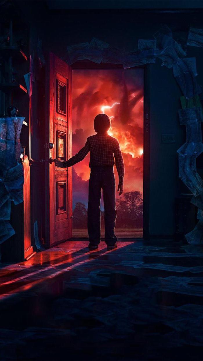 will byers in the upside down, opening the door, stranger things wallpaper season 3, the mid flayer in the sky
