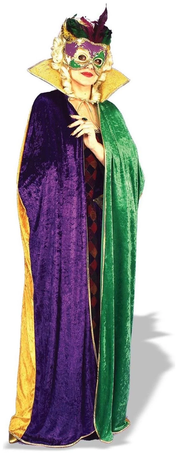 woman wearing purple green and gold velvet cape, mardi gras mask for men, purple gold and green mask