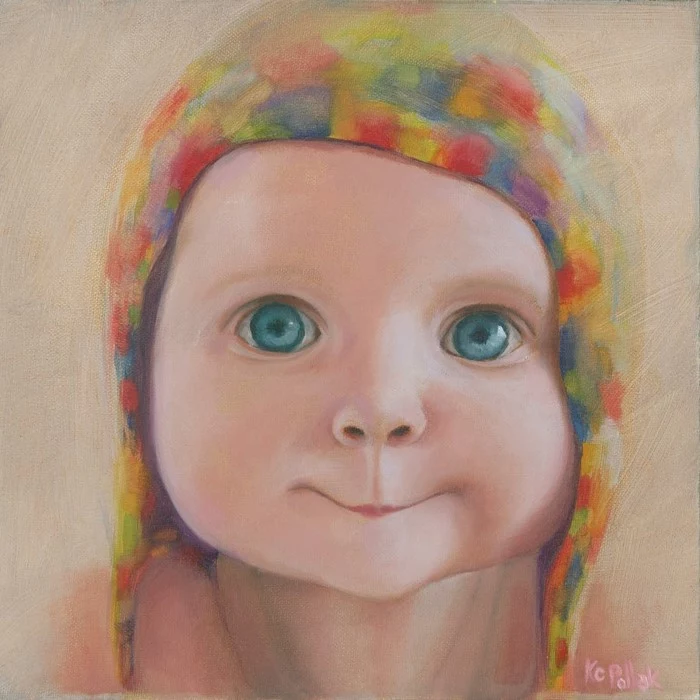 how to draw eyes, drawing of a baby with blue eyes, colorful hat on its head, pencil drawing