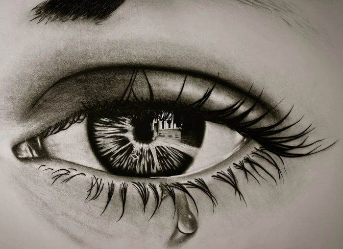 black pencil sketch on white background, how to draw eyes, crying eye with long lashes