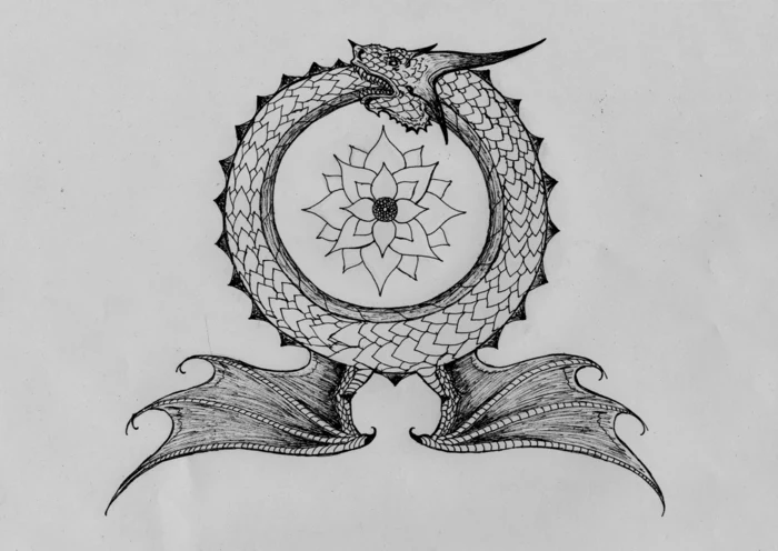 black pencil drawing on white background, ouroboros tattoo, dragon with wings, flower in the middle