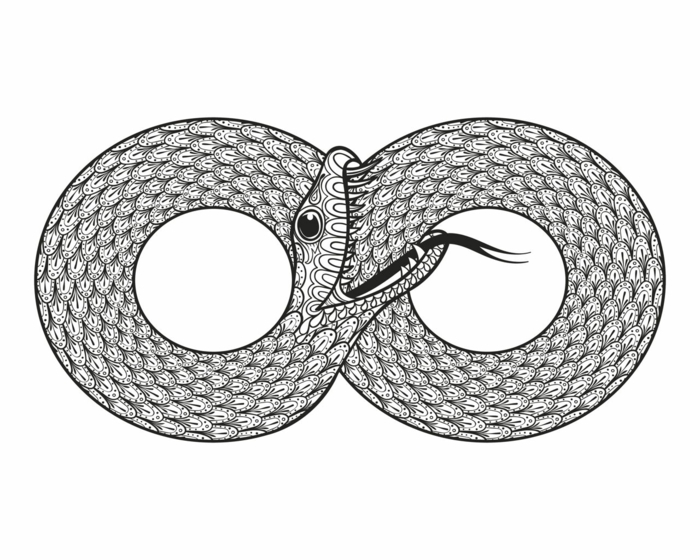 snake as an infinity symbol, feminine tattoos, black drawing on white background