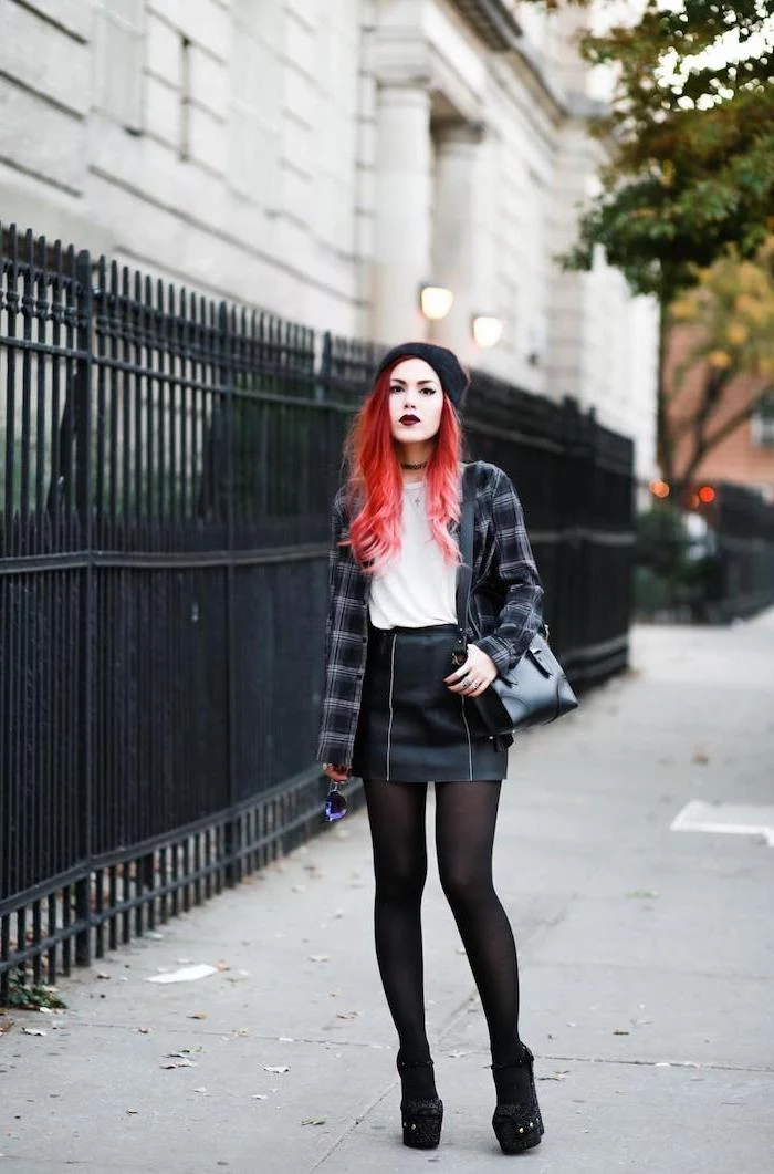 grunge style, cute outfits for school, black leather skirt, white t shirt and plaid shirt, worn by girl with red hair