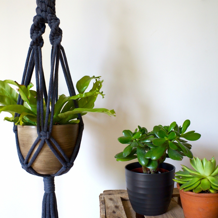 black macrame with ceramic pot inside, hanging from the ceiling, macrame plant hanger patterns, white walls