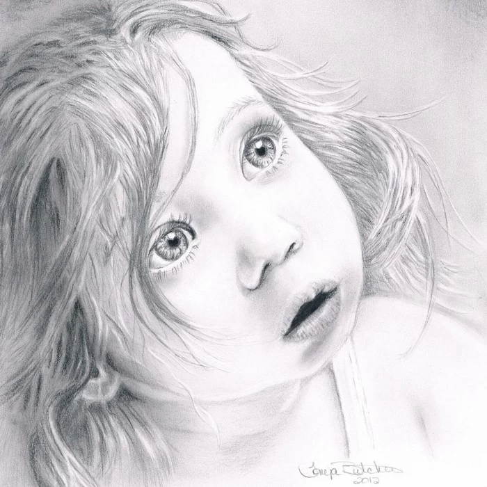 how to draw a realistic eye, black pencil sketch on white background, girl toddler with large eyes