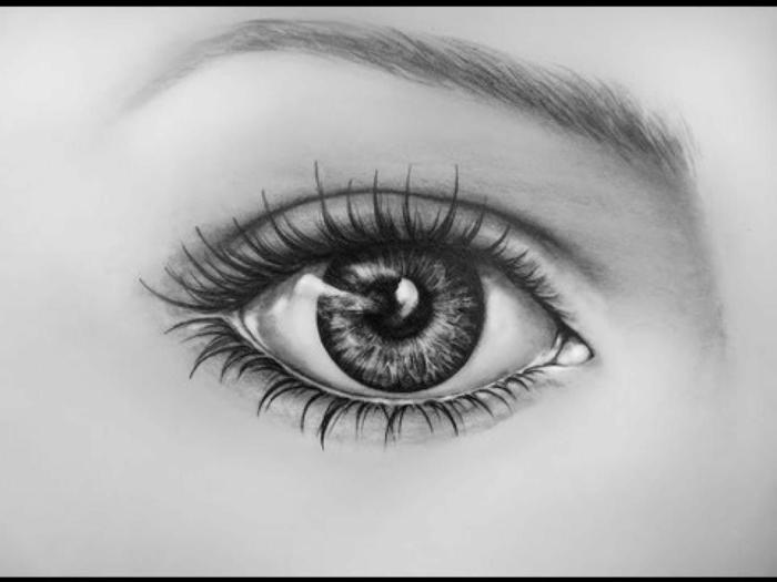 black pencil sketch on white background, how to draw a realistic eye, eye with long lashes and thin eyebrow