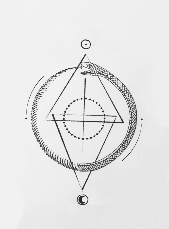 geometrical design, half snake half skeleton, feminine tattoos, black drawing on white background