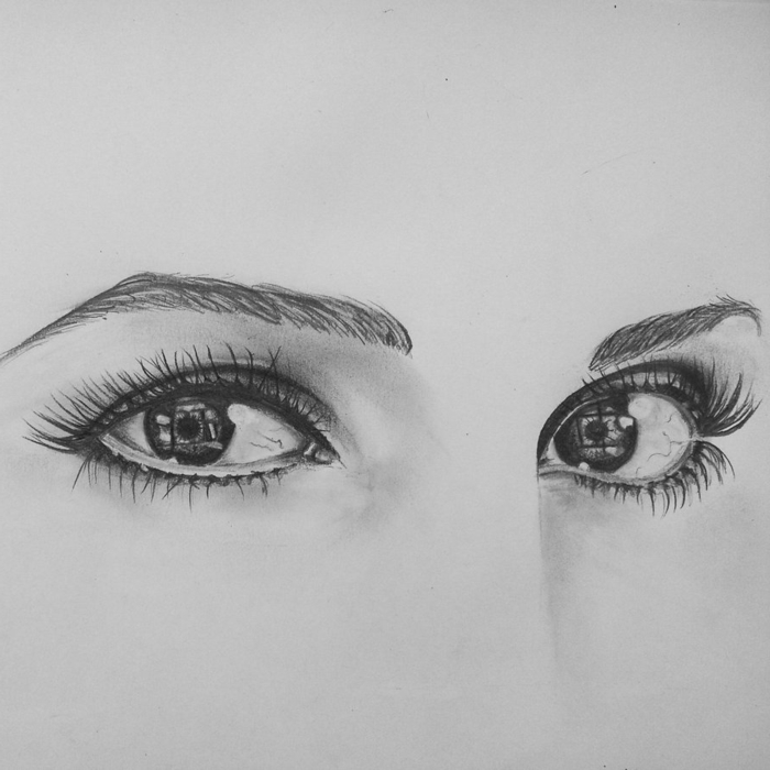 drawing of set of eyes with long lashes, thin eyebrows above them, how to draw a realistic eye, black pencil sketch on white background