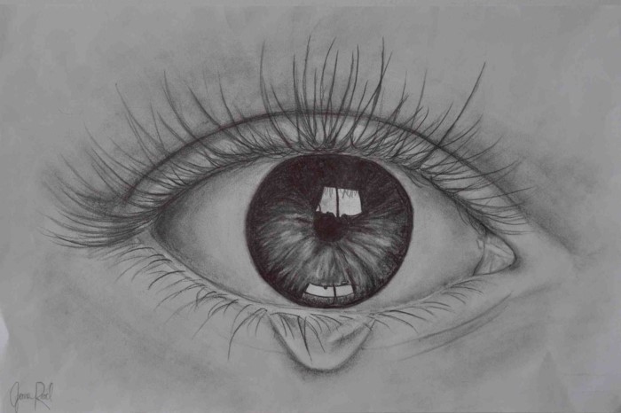 drawing of a crying eye, black pencil sketch on white background, how to draw a realistic eye, eye with long lashes