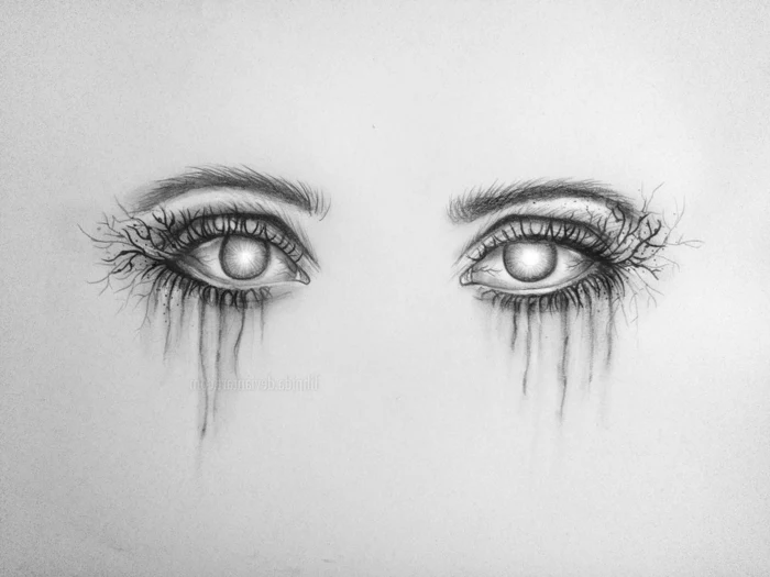 sest of ghost eyes, tears coming out of them, how to draw eyelashes, black pencil sketch on white background