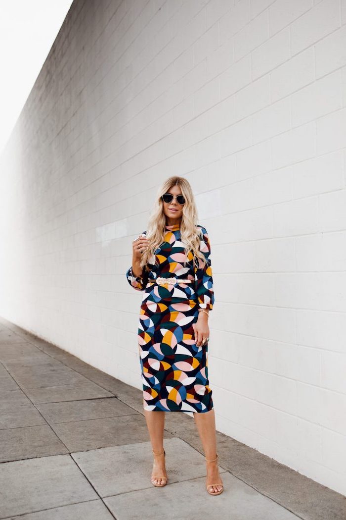 woman with blonde long wavy hair, wearing a dress with colorful print, easter dresses for girls, nude heels