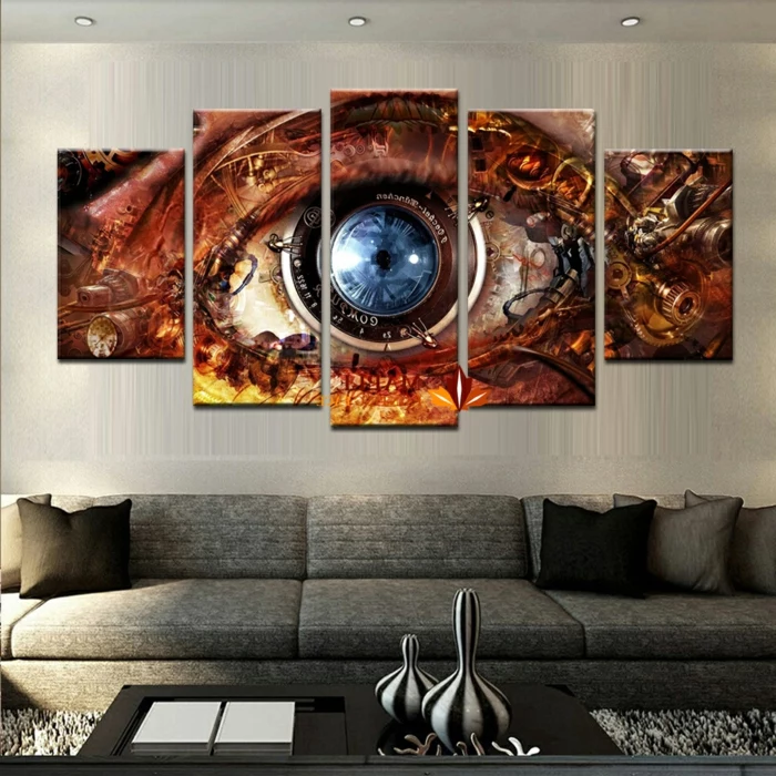 canvas with a painting of an eye, camera lens instead of iris, how to draw eyelashes, hanging above grey sofa