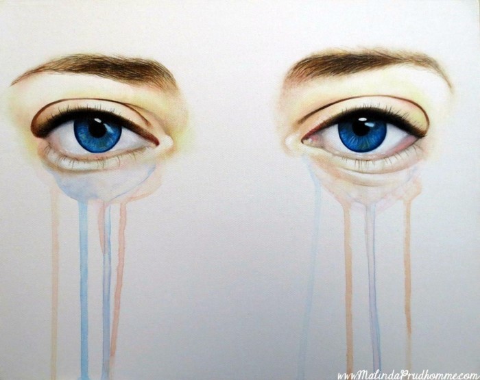 drawing of a set of blue eyes, watercolor tears underneath, how to draw eyelashes, drawing on white background