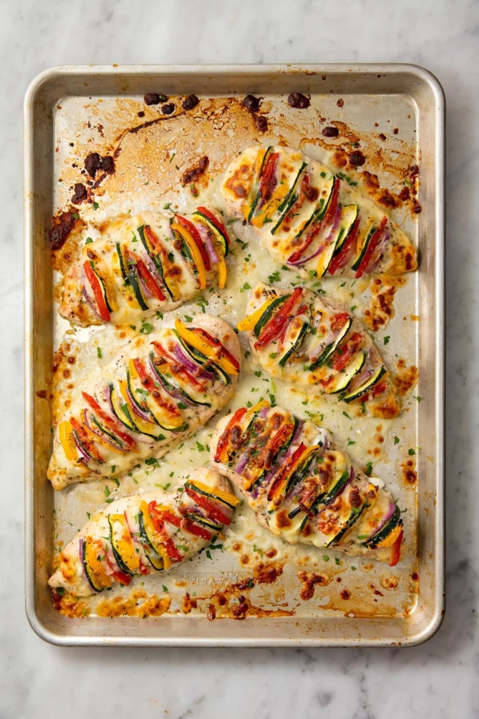 sliced chicken breast, baked in a sheet pan, what to cook for dinner tonight easy, vegetables between the slices