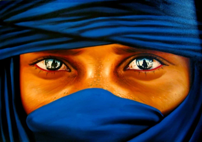 painting of a man with blue eyes, reflecting a silhouette, head wrapped in blue scarf, how to draw eyes