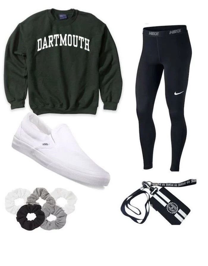 olive green dartmouth sweatshirt, black nike leggings, cute back to school outfits, white vans shoes