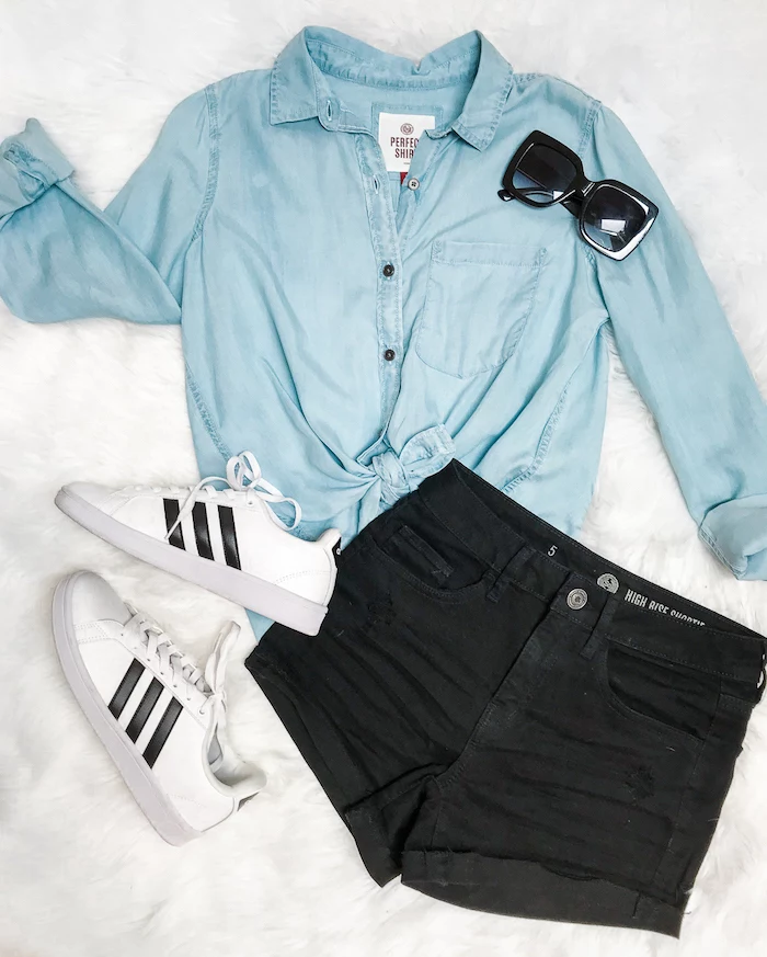 denim shirt and black shorts, white adidas superstar sneakers, laid out on a white surface, back to school outfits