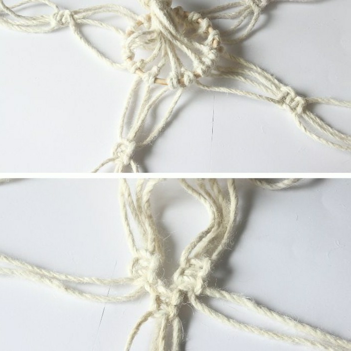 different macrame knots, step by step diy tutorial, macrame plant hanger patterns, white macrame on white surface