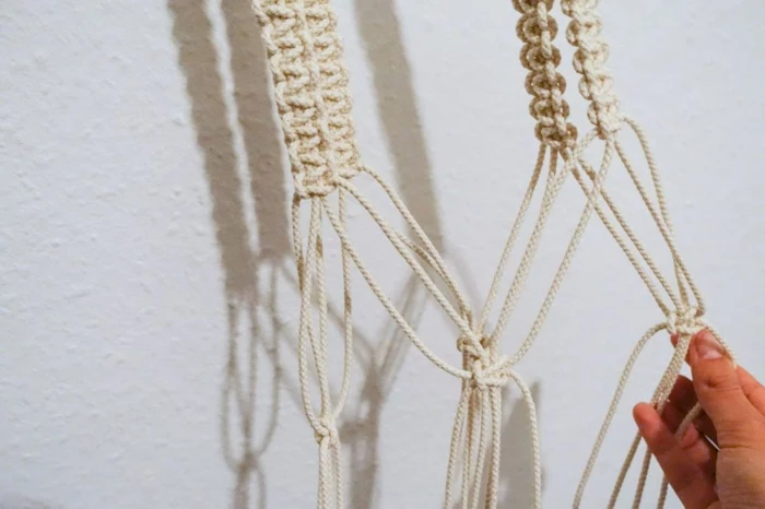 two different macrame knots, macrame plant hanger diy, step by step diy tutorial, white background