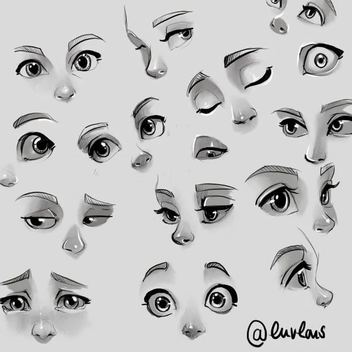 different types of cartoon eyes, cartoon eyes drawing, black pencil sketches on white background