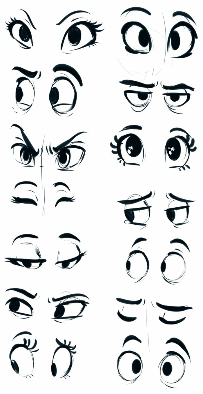 different types of cartoon eyes, sets of eyes, cartoon eyes drawing, black marker sketches on white background