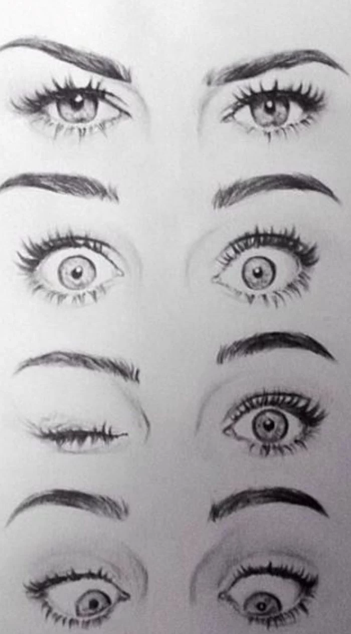 four sets of eyes with different expressions, cartoon eyes drawing, black pencil sketch on white background