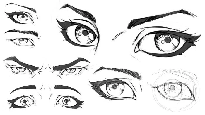 black marker sketches on white background, sets of eyes with different expressions, how to draw eyes step by step