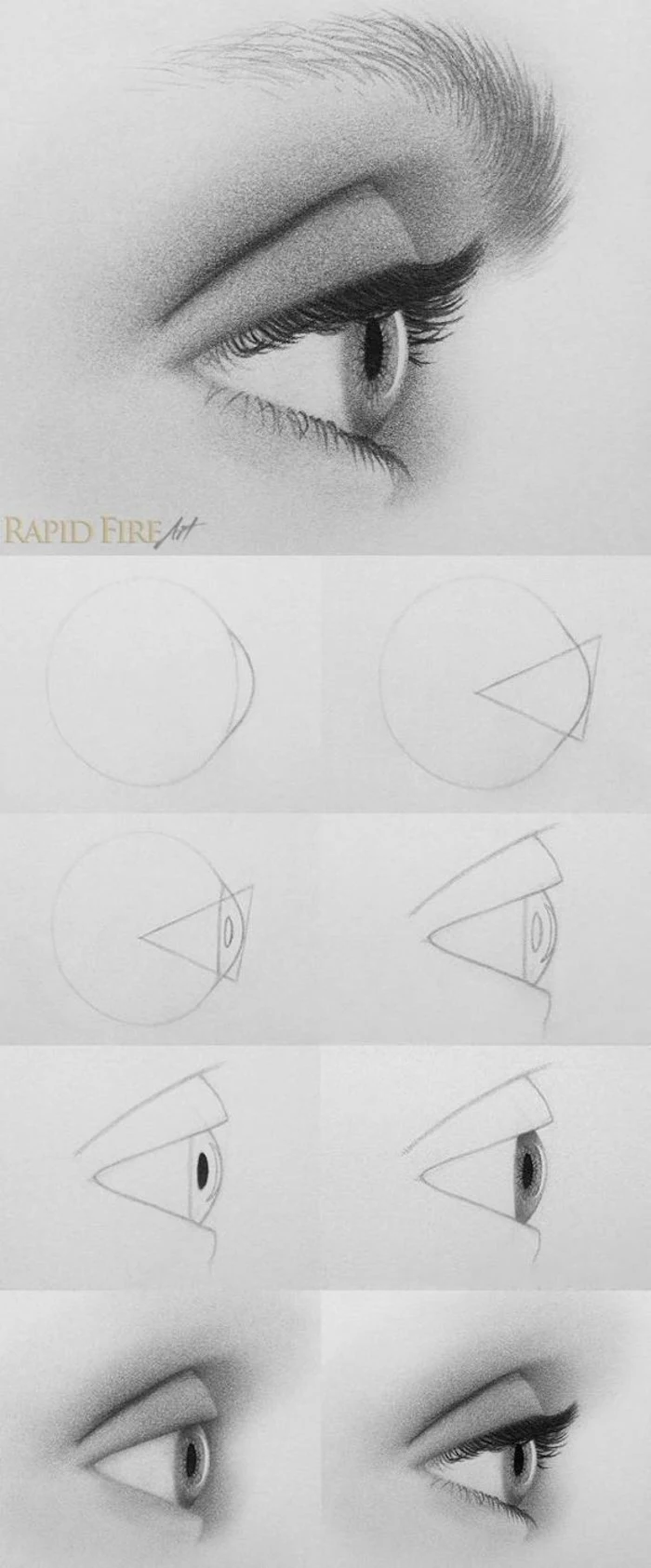 step by step diy tutorial in eight steps, drawing an eye from the side profile, eye drawing easy, black pencil sketch