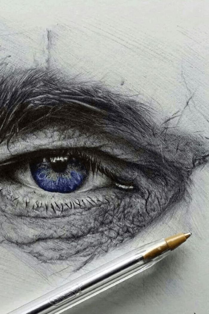 how to draw eyes step by step, realistic drawing of a blue eye, thick eyebrows above it, skin with wrinkles