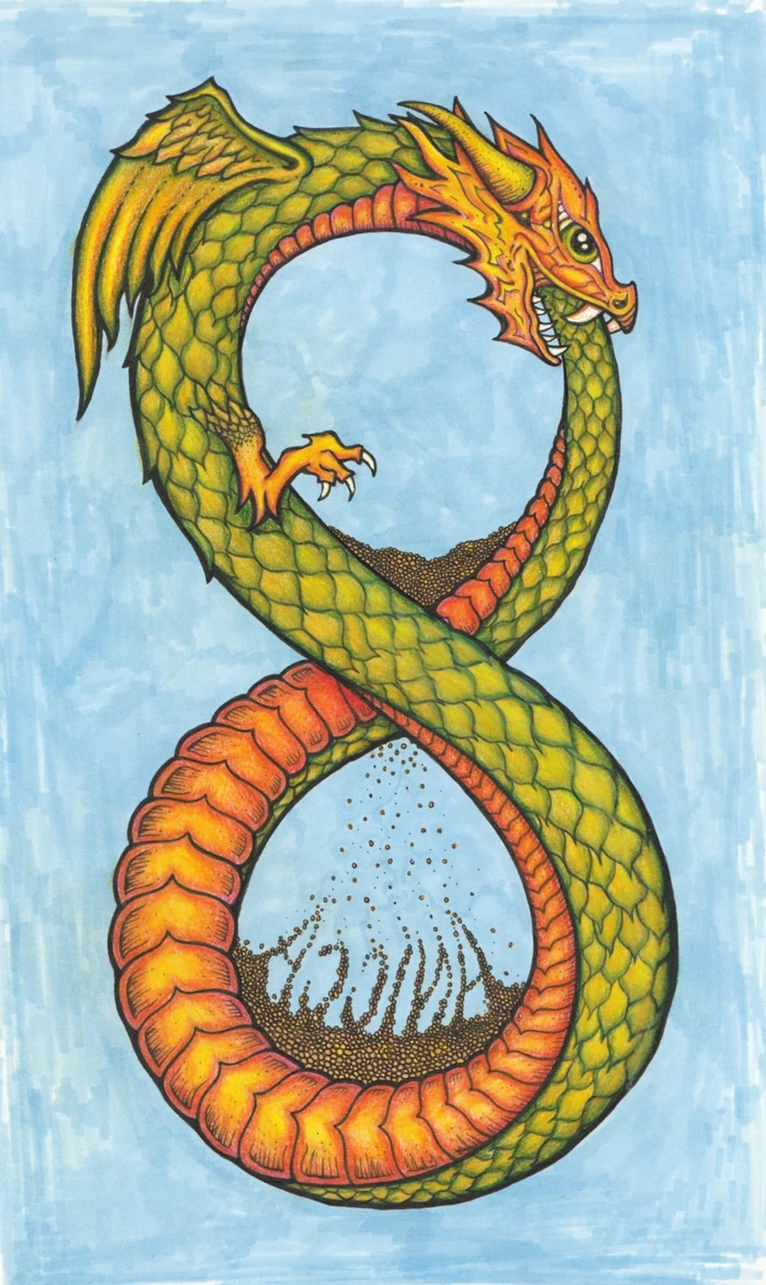 colored drawing of a dragon as an infinity symbol, sand clock, ouroboros tattoo, blue background