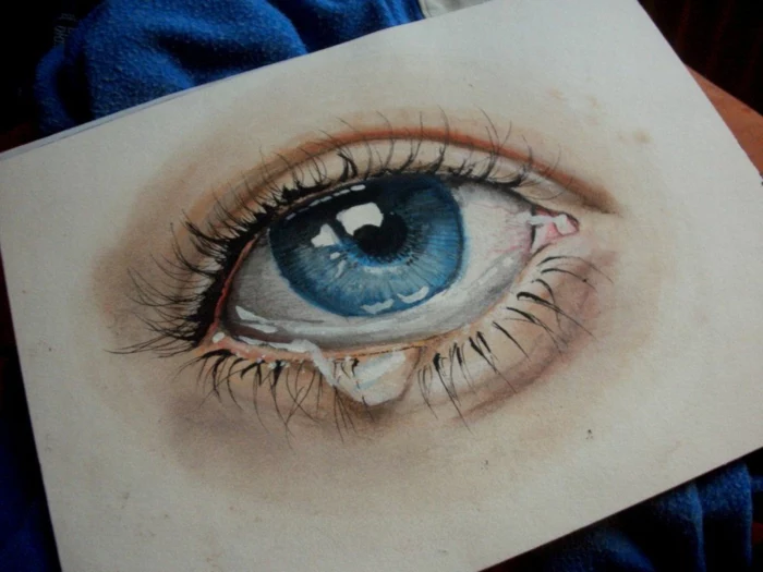 drawing of a crying blue eye, how to draw eyes step by step, colored drawing on white background