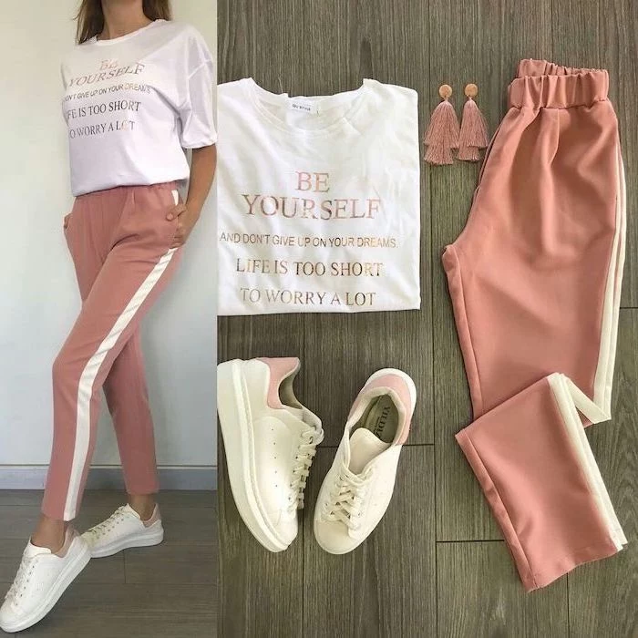 blush pink trousers, white t shirt and sneakers, cute comfy outfits, laid out on wooden surface
