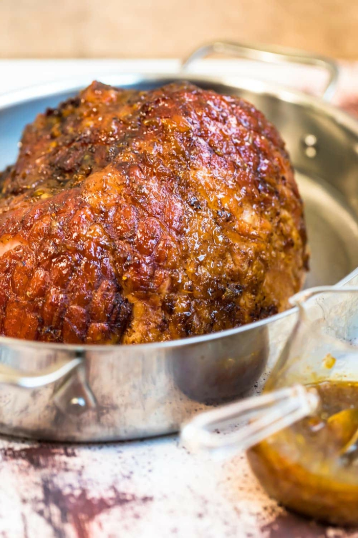 easter meal ideas, baked ham with marmalade glaze, baked in a metal baking tray