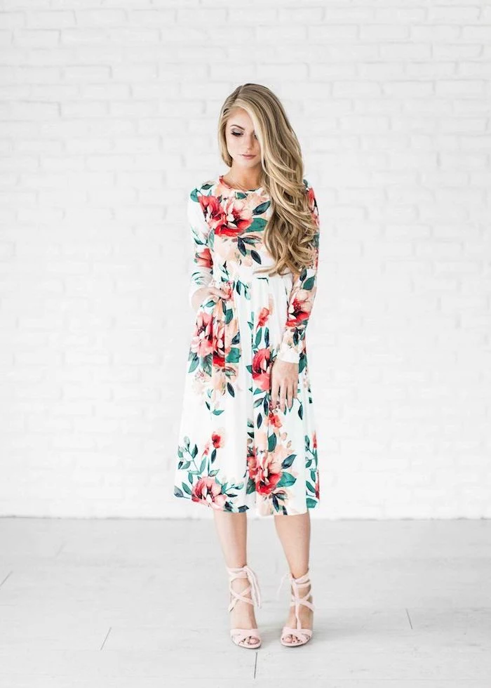 easter outfits women, woman with long blonde wavy hair, wearing white dress with floral print, nude heels