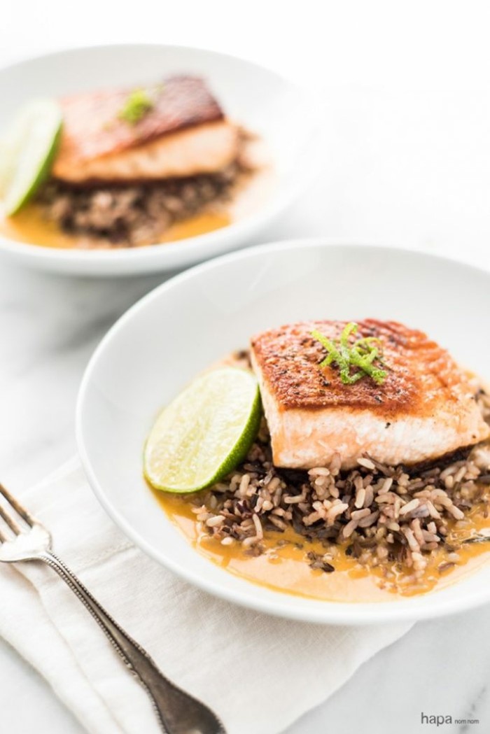 smoked salmon, brown rice on white plate, easy dinner recipes for two, lime slice on the side