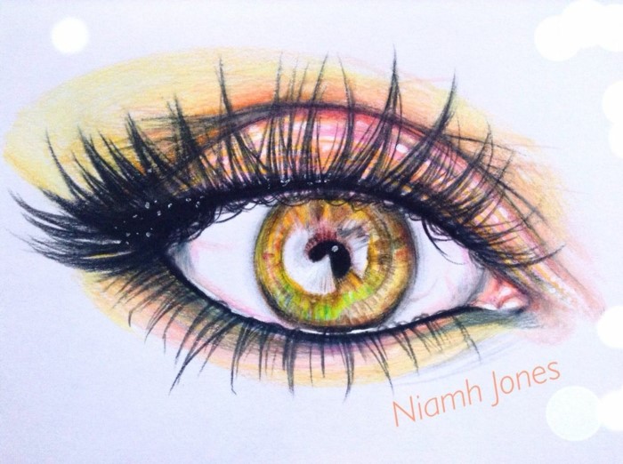 colorful pencil drawing, hazel eye with long lashes, eye drawing easy, drawing on white background