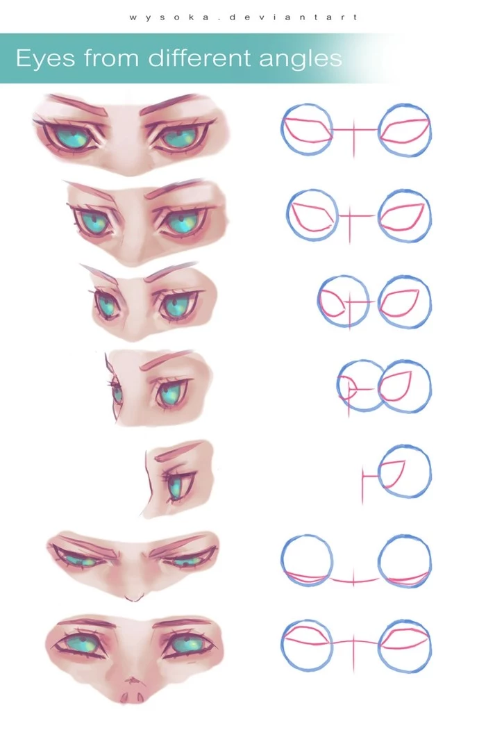 eyes from different angles, step by step dy tutorials, eyelashes drawing, colored sketches on white background