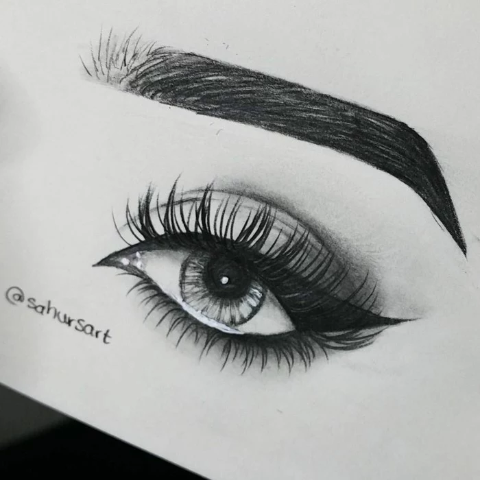 black pencil sketch on white background, eyelashes drawing, female eye with long lashes, eyeliner and thick eyebrow