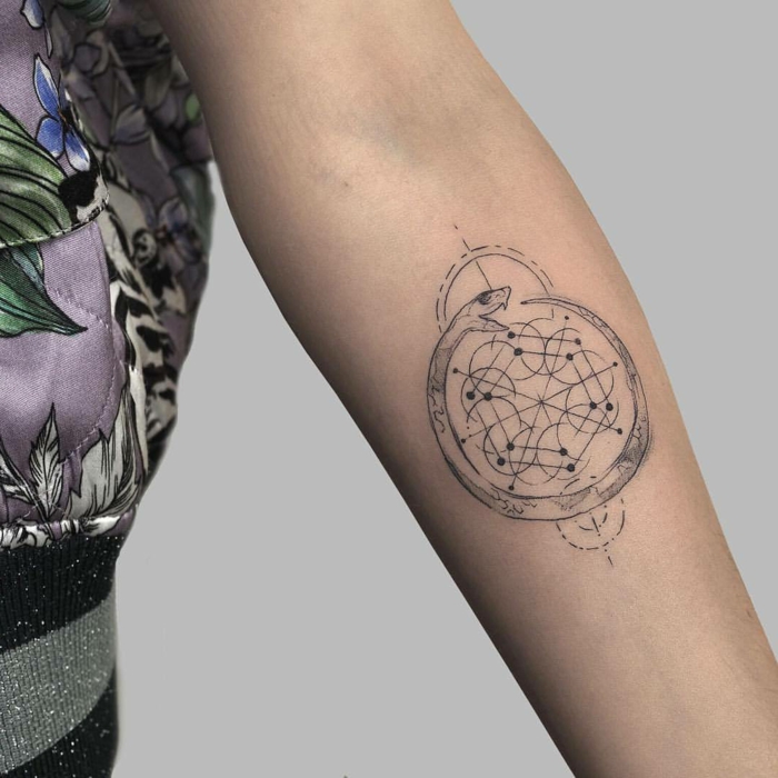 forearm tattoo, white background, geometrical design, snake eating itself