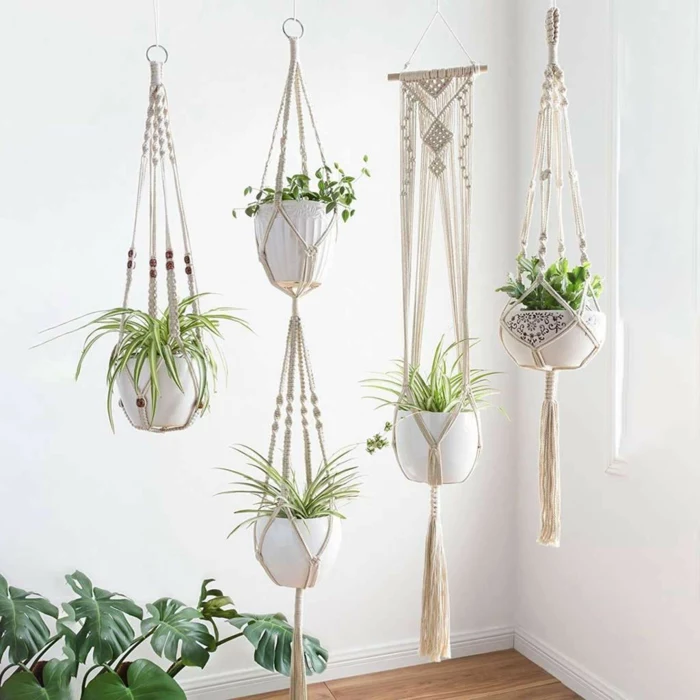 macrame plant hanger tutorials, five different plants, hanging from the ceiling, white wall background
