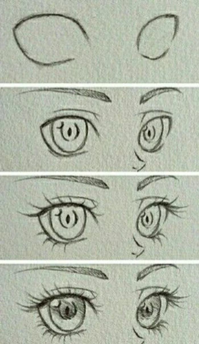 set of eyes drawing, step by step diy tutorial in four steps, black pencil sketch on white background, eyelashes drawing